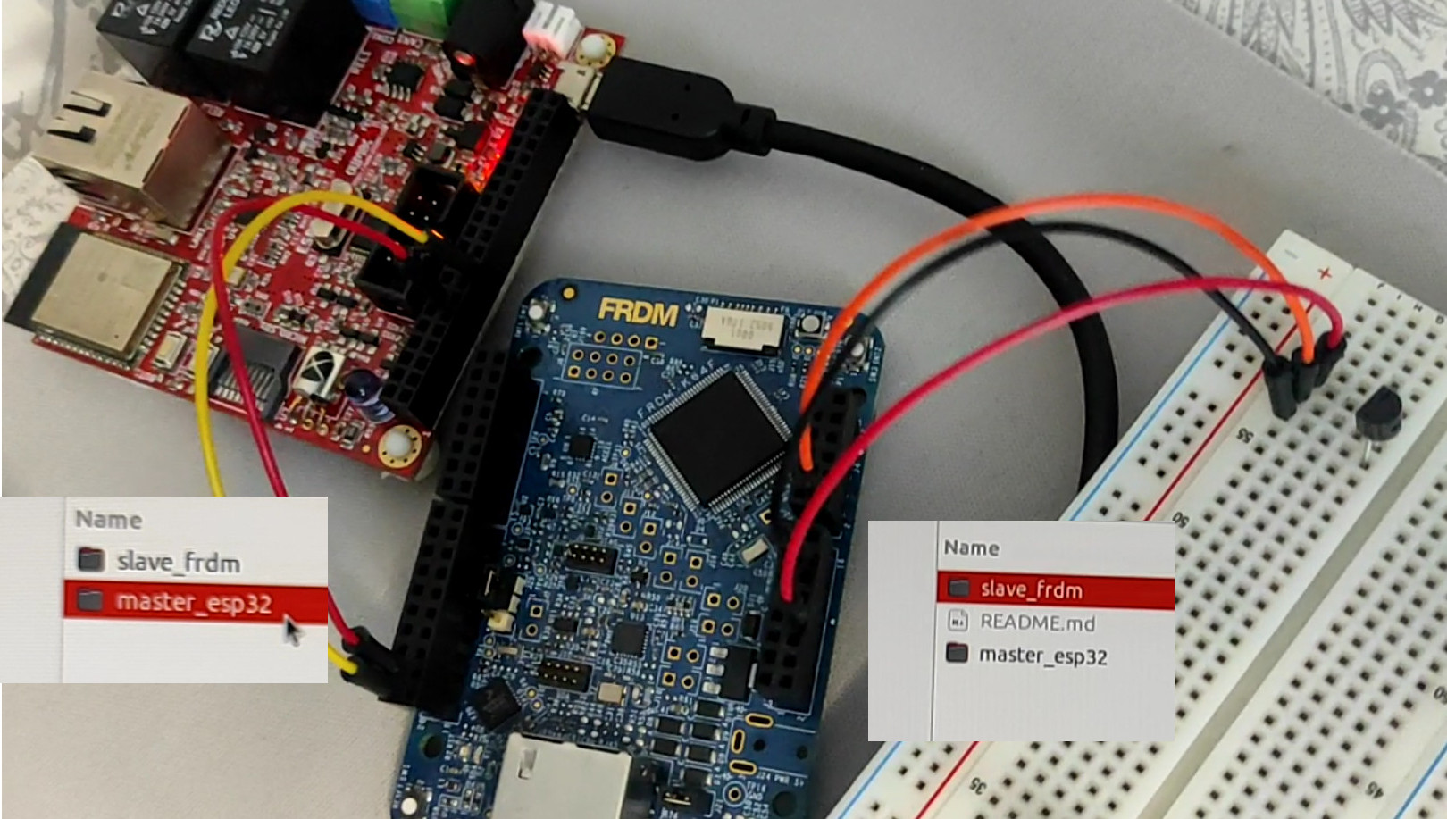 Hardware setup: ESP32 and FRDM-K64F with TMP36 sensor and I2C wiring