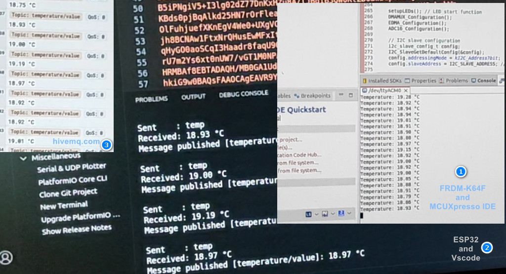 Both IDEs showing temperature readings being read and published